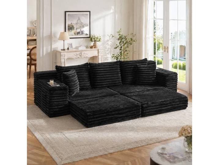 Canapé-lit en corde avec fonction de compression d'assise Dossier haut et coussin supplémentaire Noir Le tissu est respirant