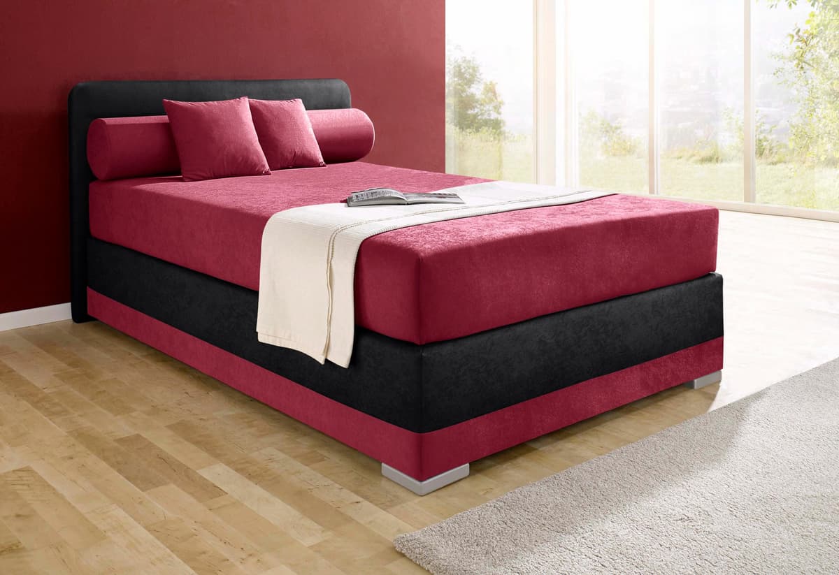 Boxspringbett MAINTAL "Lago", rot (bordeauxrot, schwarz), B:147cm L:210cm, Bezug Kopteil und seitliche Unterbox wahlweise Microvelours aus 100% Polyester oder Kunstleder;DIe Obermatratze ist bei beiden Bezugsqualitäten mit Microfaser (100% Polyester) bezo