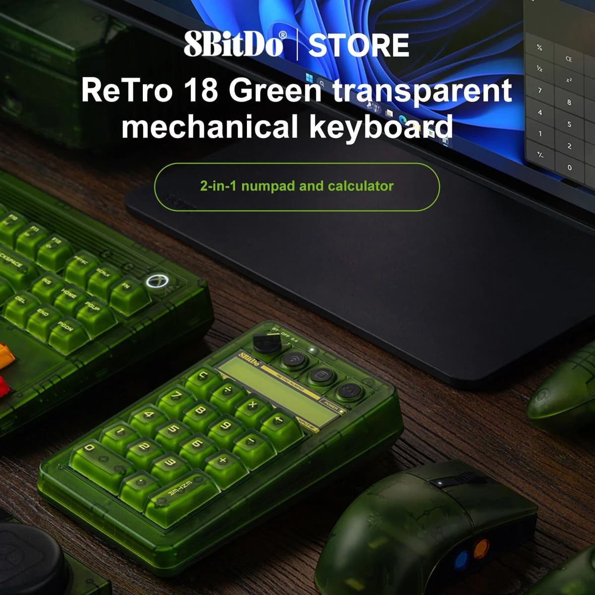 8BitDo Retro 18 Mechanical Numpad Xbox Licensed Transparent Green Bluetooth 2.4G Wired Hot-swappable Calculator Mode for Windows