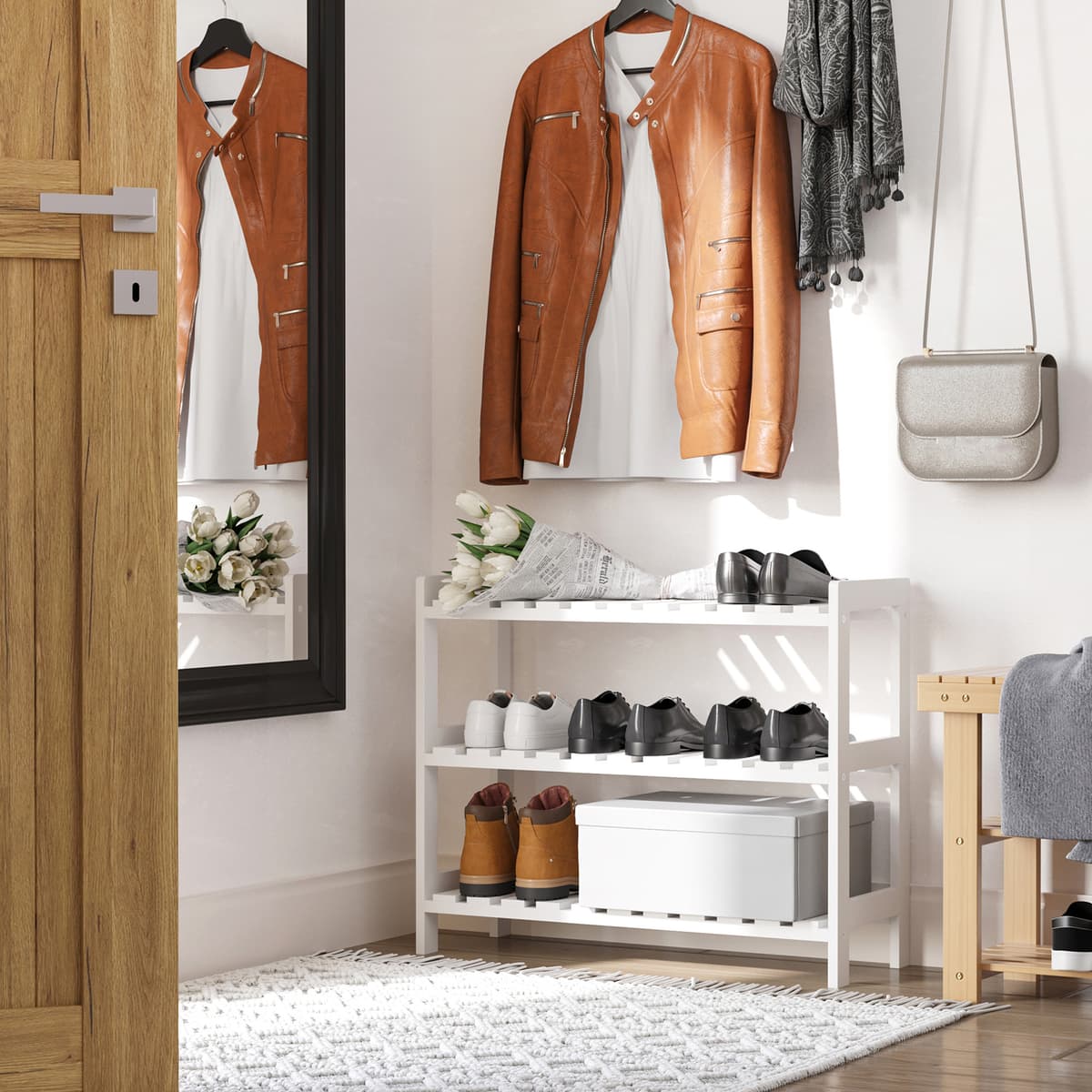 Homcom Scarpiera a 3 livelli, con ripiani a listelli, in legno di pino, 70 x 26 x 57,5 cm, Bianco   Aosom Italy
