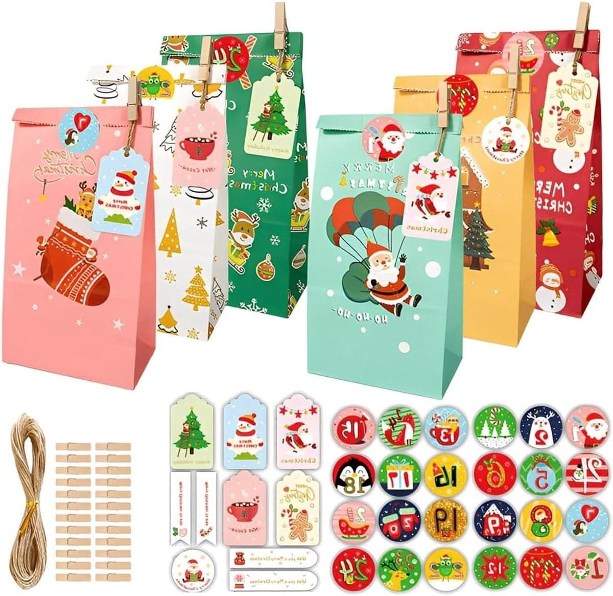 DIY Adventskalender 2025 met 24 papieren zakjes, touw en stickers voor een persoonlijke kerstkalender