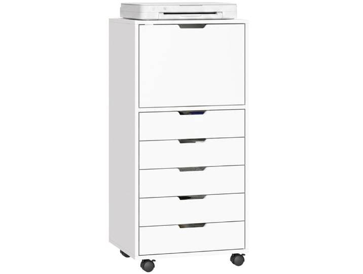 Commode de bureau à 5 tiroirs avec roulettes armoire à fermeture douce et support imprimante blanc 48x40x100 cm