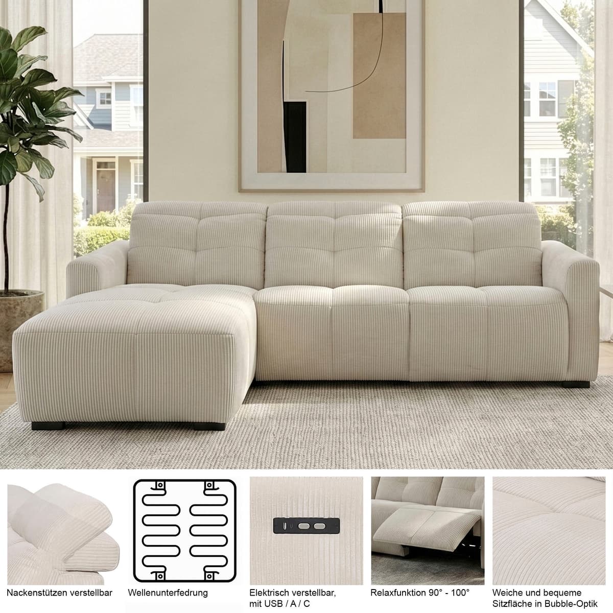 Ecksofa GOODPRODUCT "CAARLA Webstoff, L-Form, 261 cm, man. o. elektr. Relaxfunktion (USB)", grau (anthrazit), B:261cm H:99cm T:180cm, 100% Polyester, Sofas, Ecksofa, mit USB-A und USB-C bei elektrischer Ausführung, Kopfteilverstellung anthrazit B/H/T: 261