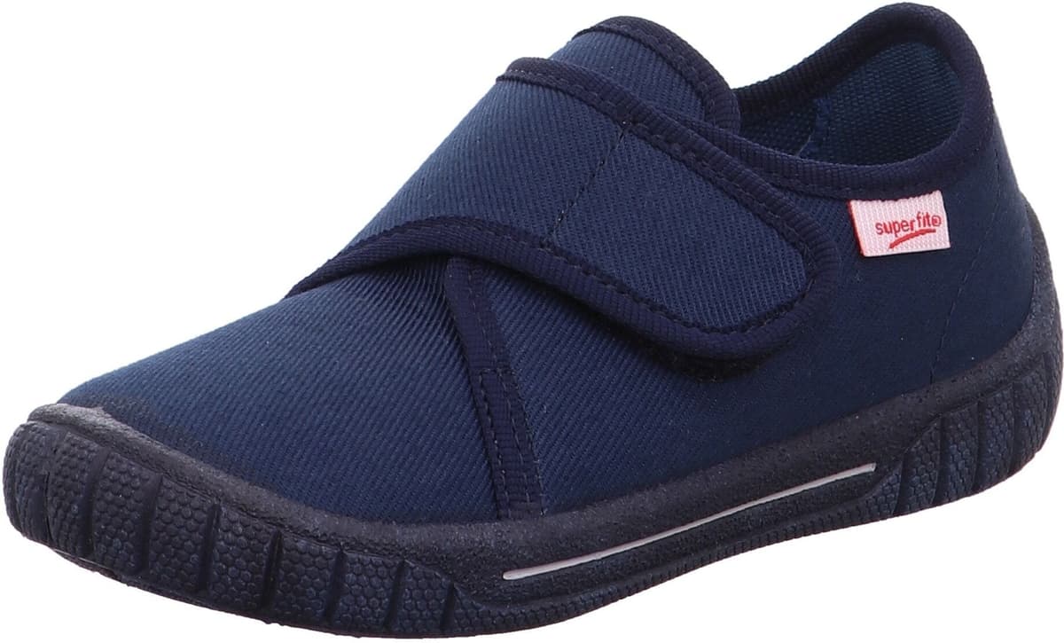Hausschuh SUPERFIT "BILL, WMS: mittel", Jungen, Gr. 34, Baumwolle, blau (dunkelblau), Schuhe Hausschuh, Kindergartenschuh mit Klettverschluss, Grössenschablone zum Download dunkelblau 34, Baumwolle