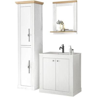 Badmöbel-Set OTTO HOME "WESTMINSTER, Bad im Landhausstil, 3-teiliges Badezimmer", weiß (pinie weiß dekor), B:150cm H:203cm T:46cm, Kastenmöbel-Sets, Badmöbel-Set, Waschtisch, Spiegel, Hochschrank, in 2 Farben verfügbar, Breite 150 cm