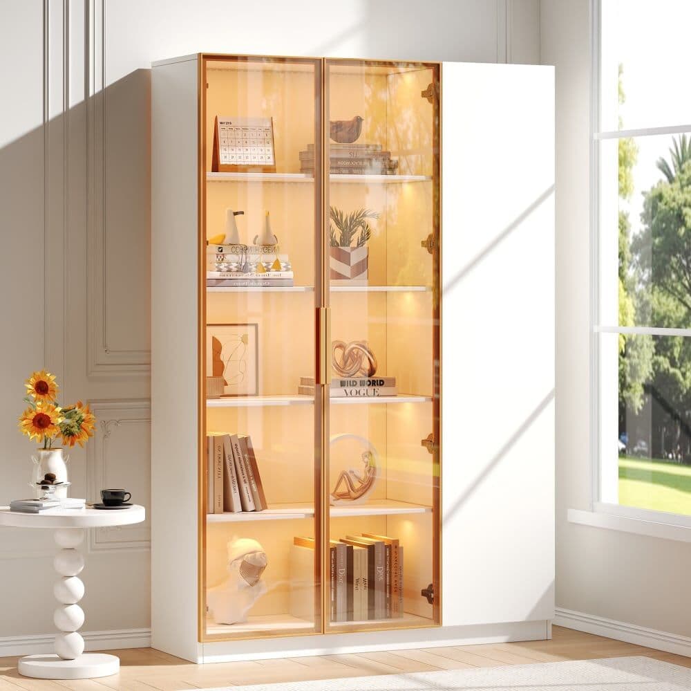 MODFU Vitrine avec led, verre de sécurité, 3 portes, 110x35x165 cm, blanche Blanc 110x165x35cm