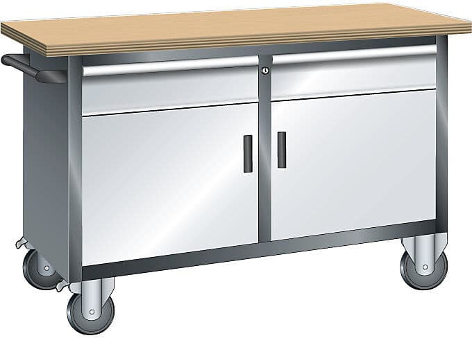 Kompaktwerkbank, fahrbar, 2 Schubladen, 2 Türen, 2 Fachböden, Korpus grau metallic, Front lichtgrau LISTA