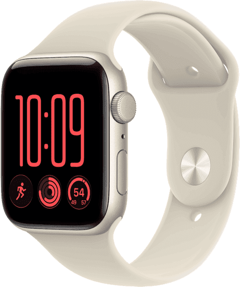 Apple Watch SE 3 (2026), GPS+CEL, 44 mm, Caja de aluminio Blanco estrella, Correa deportiva Arena, Talla M/L, Siri AI