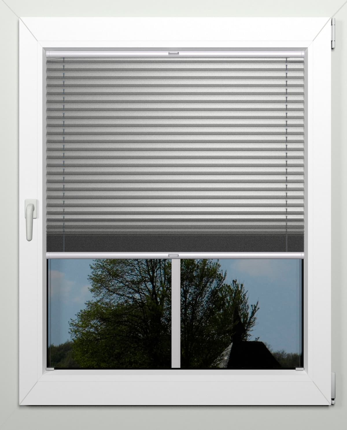 Plissee INDEKO "Thermo-Deluxe, mit Bohren, nach Maß, verdunkelnd, Thermostoff", grau (grau, metallfarben, weiß, weiß), B:118cm H:220cm, Obermaterial: 94% Polyester, 6% sonstige Fasern, Plissees, zur Montage in der Glasleiste, nach Maß