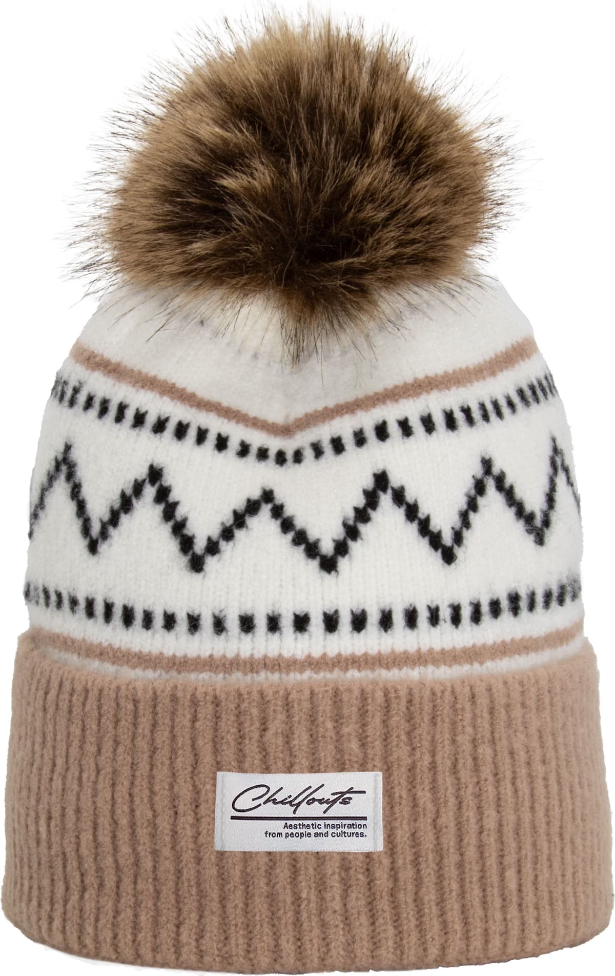 Bommelmütze CHILLOUTS "Ella Hat", Damen, weiss (weiß), Obermaterial: 40% Polyacryl, 32% Polyamid, 28% Polyester, Mützen Bommelmütze, mit Kunstfell-Pompon, Norwegermuster weiß Einheitsgröße