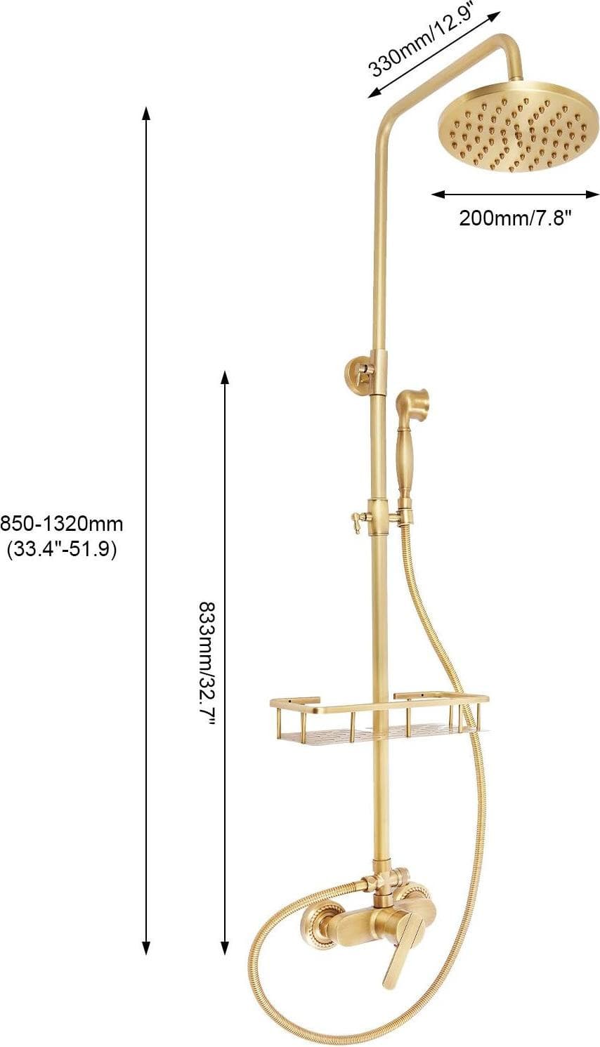 StarTech Doucheset met Ronde Regendouche en Handdouche, Hoogte verstelbaar 85–132 cm, Koperen ventiel, Messing en Staal, G1/2 aansluiting