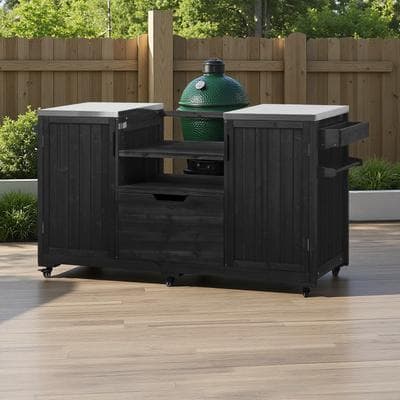 ZWYO HOSIMU "66.5"" Outdoor Kitchen Island, Solid Fir Wood Grill Cart with Stainless Steel Top, Compatible with Big Green Egg & Kamado Joe"