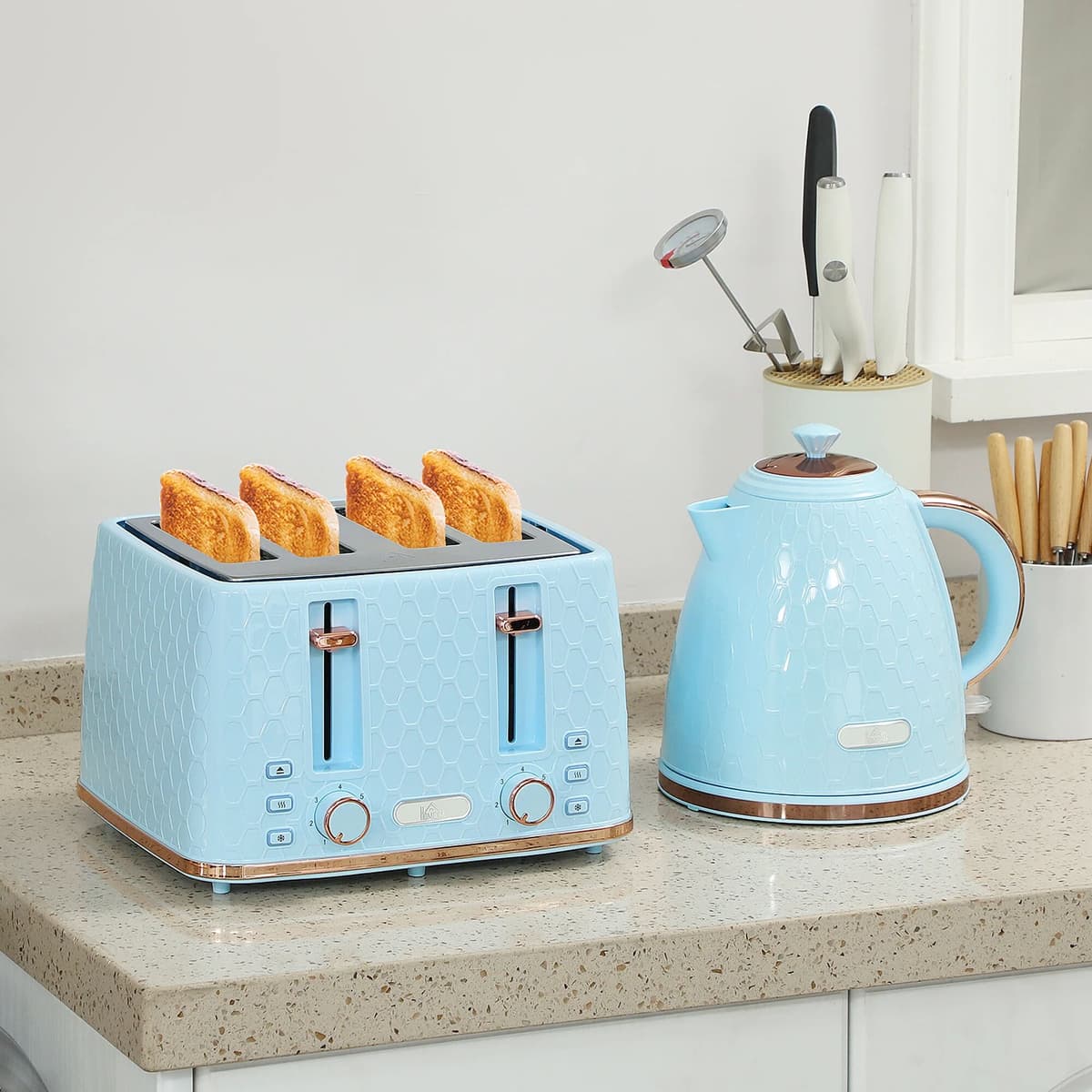 NONE Retro Blue 4 Slice Toaster & Electric Kettle Set Stainless Steel Automatic Bread Toaster Water Kettle Kitchen Breakfast Appliance Combo