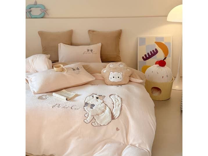 Ensemble de literie mignon en fourrure de chat orange, en polaire bleu lait, 3/4 pièces, housse de couette pour la chambre d'une petite fille, décoration de la maison, lapin brodé