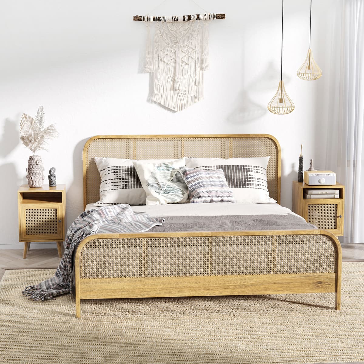 Homcom Set 2 Comodini Moderni con Armadietto e Ripiano Aperto, in Truciolato e Rattan, 39x35x60 cm Aosom