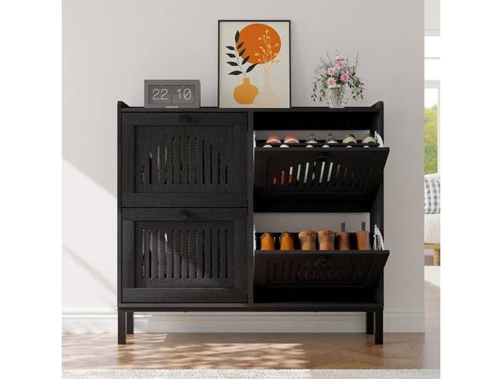 Meuble à chaussures 4 portes - LUNSY - 105x24x96 cm - Noir - 24 à 32 paires - Pointure jusqu'à 46 - Étagères réglables
