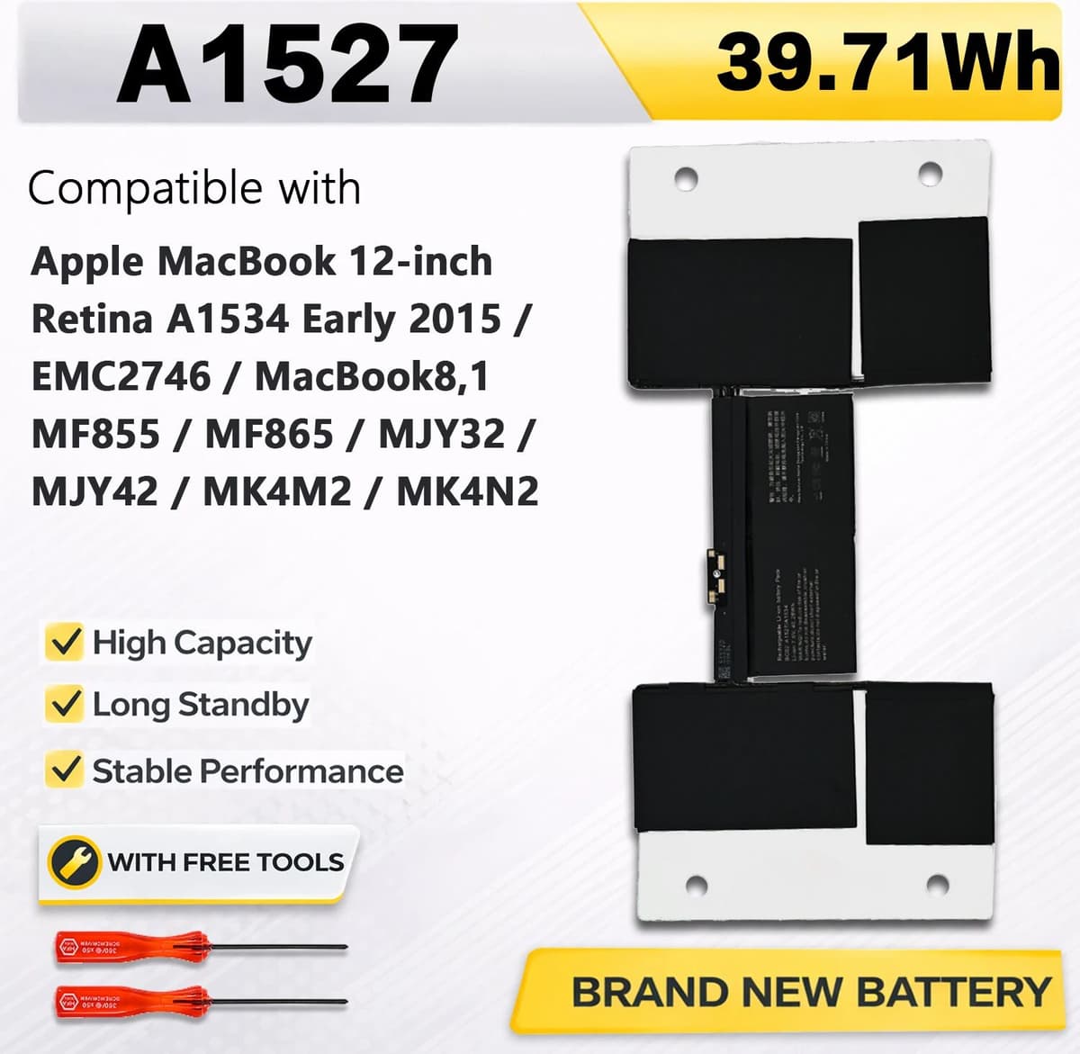 PowerHub A1527 7.55V 39.71Wh 5263mAh Laptop Battery For Apple MacBook 12 A1534 Early 2015 MacBook8,1 A1705 MF855 MJY32