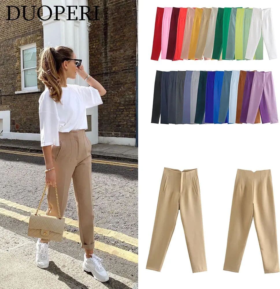 sherouse DUOPERI Women Fashion Solid Basic High Waist Trousers Chic Female Office Lady Casual Business Workwear Long Pant