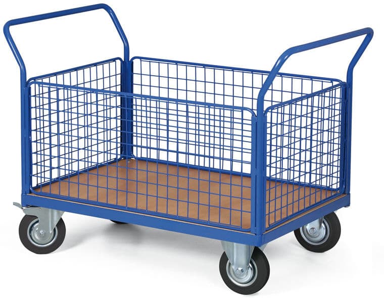 B2B Partner Plošinový vozík - 4 drátěné výplně, 1000x700 mm, nosnost 300 kg, kola 160 mm s černou pryží