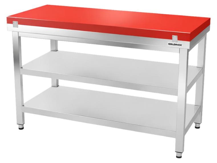 Arbeitstisch aus Edelstahl, 1400 x 600 mm, mit roter Schneideplatte und 2 PREMIUM-Ablagen - GOLDINOX