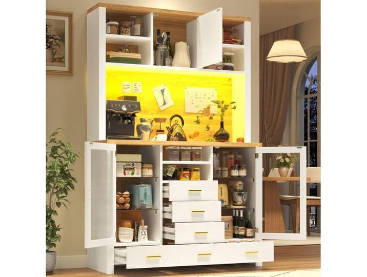 Buffet de cuisine meuble de rangement 4 portes 6 tiroirs LED blanc décor bois 120 x 40 x 188 cm Grjofek