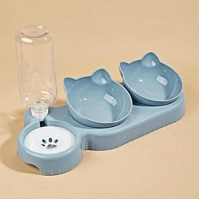 PetsAreLife Ear Design Tilted Cat Water And Food Bowl Set With Gravity Water Bottle, Pet Bowls With Water Feeder For Neck P navy Blue