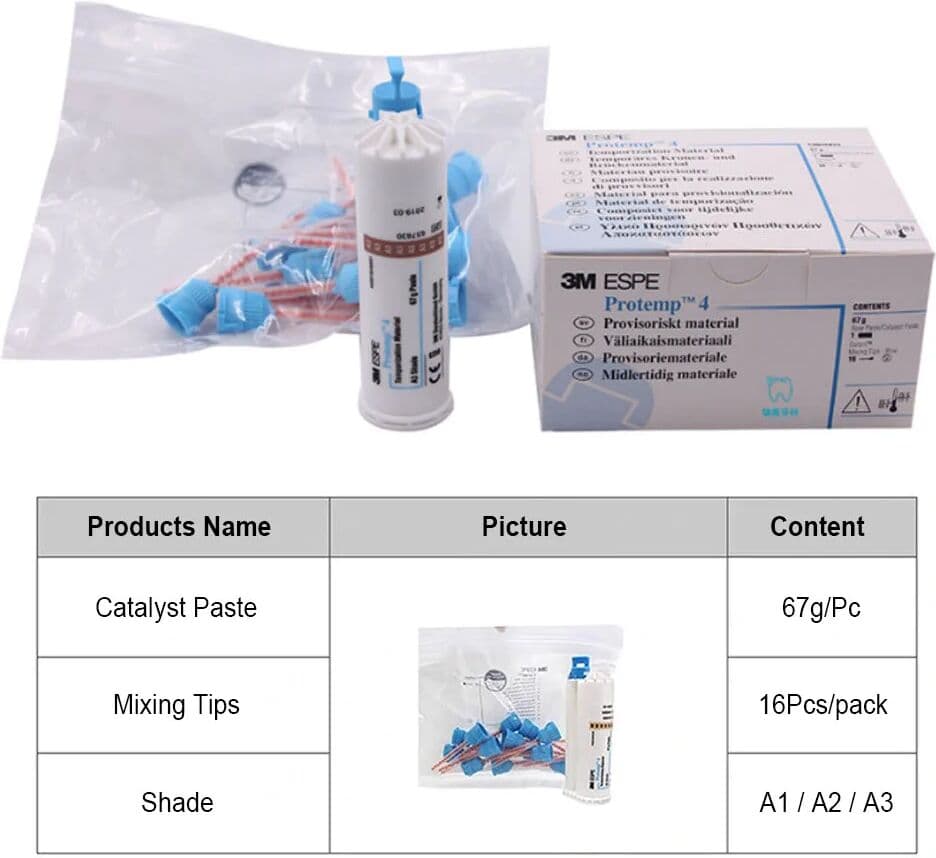 NEWTRY 3M ESPE Protemp 4 Composite Resin Adhesive Temporary Crown Bridge Material Catalyst Paste Cartridge A1/A2/A3 Dispenser Mix Tips