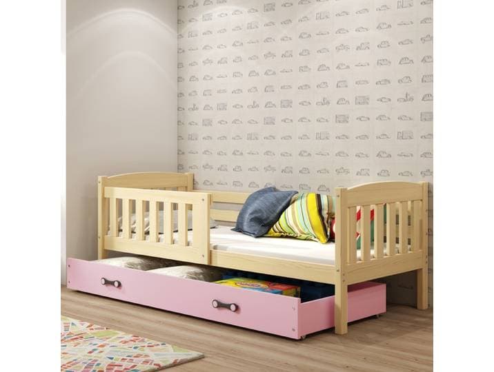 Kinderbett Jakob 90x200 cm Kiefer/Rosa - Einzelbett mit Rausfallschutz (beidseitig montierbar) & ausziehbarer Schublade Komplettset inkl. Federlatt