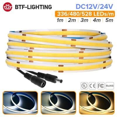 Inspired Living FCOB High Density COB LED Strip Light (RA90), 12V 24V Linear Dimmable Warm Natural Cool White 3000k Warm White 12v 336 Leds 1m
