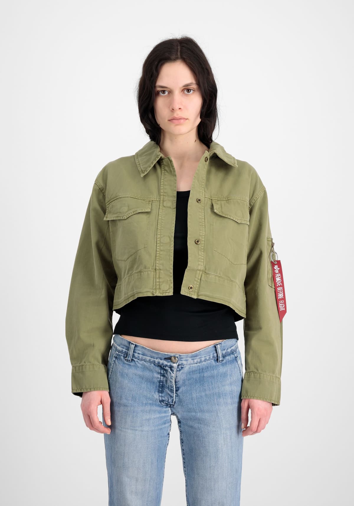 Bomberjacke ALPHA INDUSTRIES "Deck Jacket Cropped Wmn", Damen, Gr. L, grün (olive), Obermaterial: 100% Baumwolle, Jacken Bomberjacke olive L