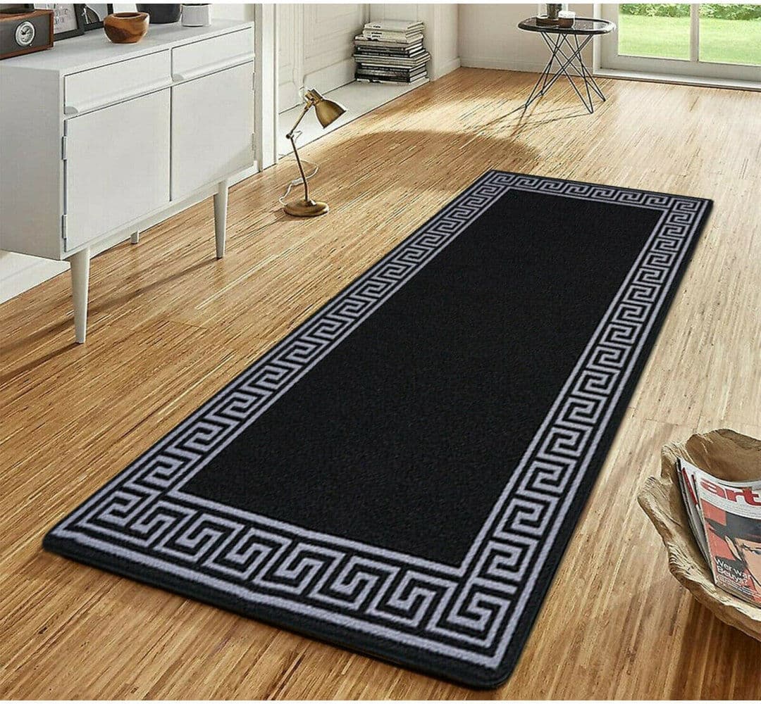 Fairmont Park Greek-Key Black Grey Non-Slip Polypropylene Area Rug — Washable Door Mat & Hallway Runner for Living Room, Kitchen & Bedroom Black/Grey Runner 160 x 230cm