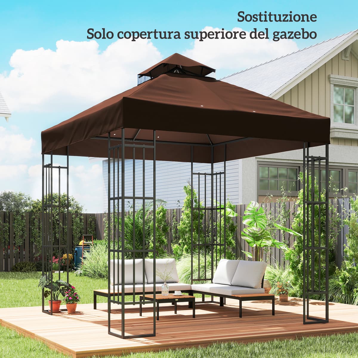 Outsunny Copertura per Gazebo da Giardino 3x3m UPF30+ a 2 Livelli in Poliestere color Caffè   Aosom Italy