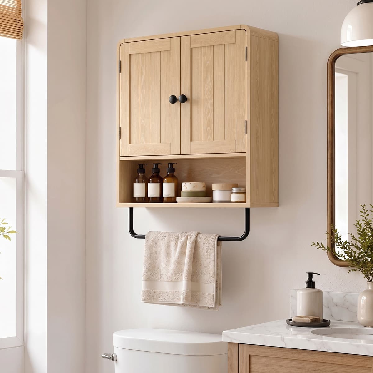 Homcom Armadio da parete per bagno con 2 ante, mensola aperta e porta asciugamani, rovere   Aosom Italy