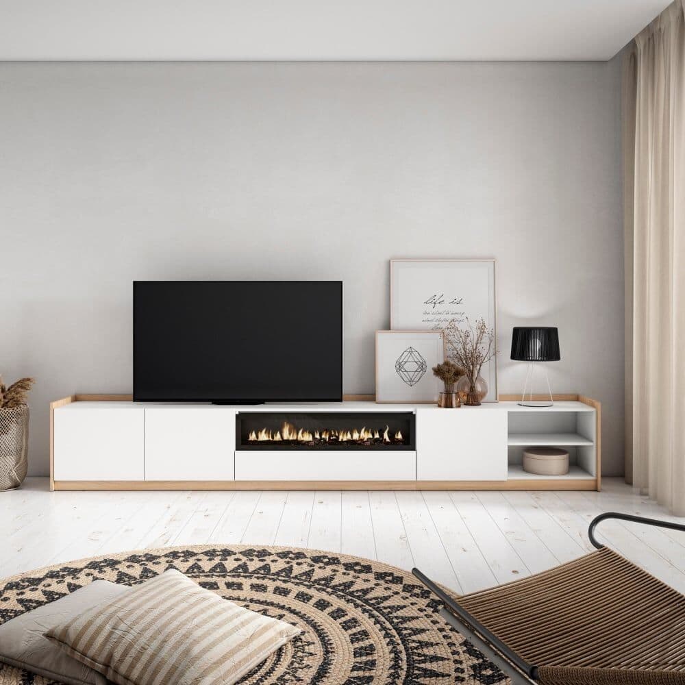 Skraut home Mueble tv efecto madera blanco roble 310x37x50cm chimenea efecto fuego