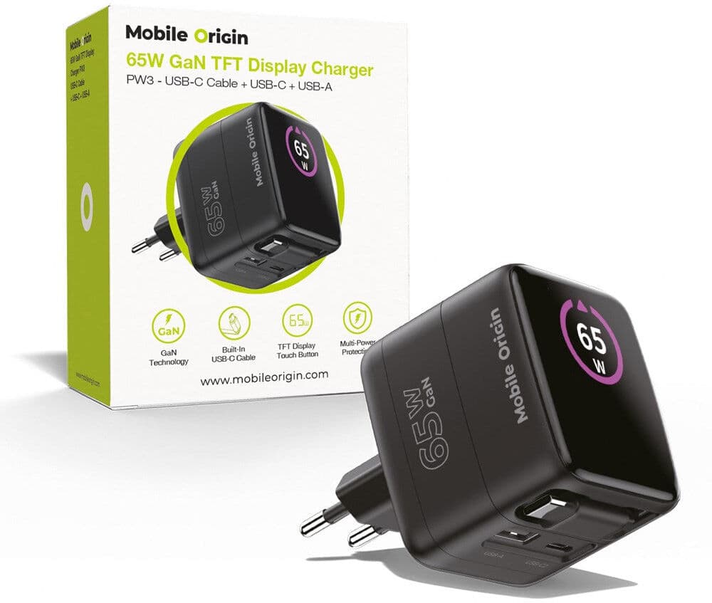 Mobile Origin - 65W - Display Vægoplader m. 1 x USB-A / 1 x USB-C / 1 x Udtrækkelig USB-C Kabel - Sort