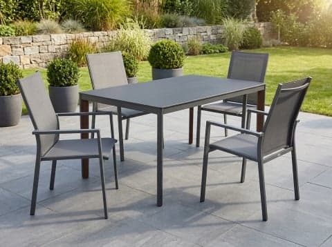 MWH Felino-Prado GartenmĂ¶bel-Set eisengrau, 4 Stapelsessel und 1 Tisch 160x95cm