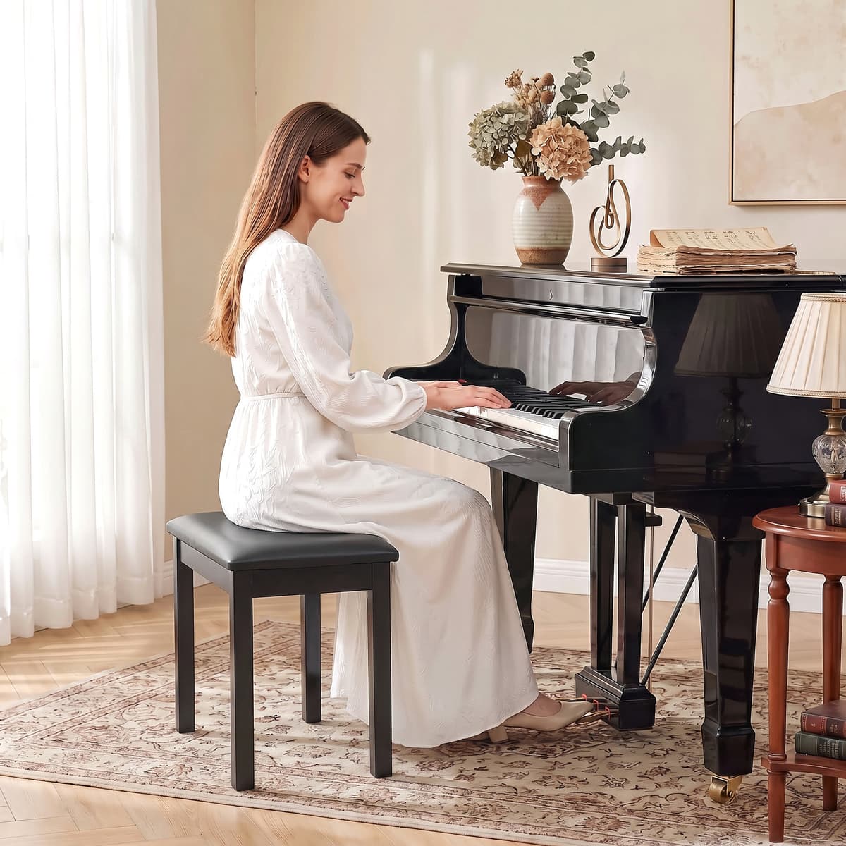 Homcom Sgabello per Pianoforte con Gambe in Legno di Caucciù, Seduta Imbottita, Rivestimento in Finta Pelle PU, Nero   Aosom Italy