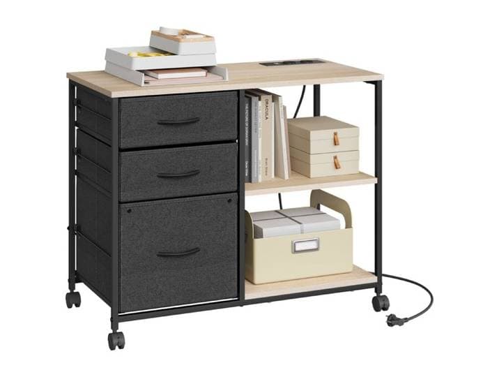 Caisson Bureau WOLTU - Station de Charge - Armoire de Bureau à roulettes - 3 Tiroirs 2 Étagères - Chêne Clair W0ATT0838
