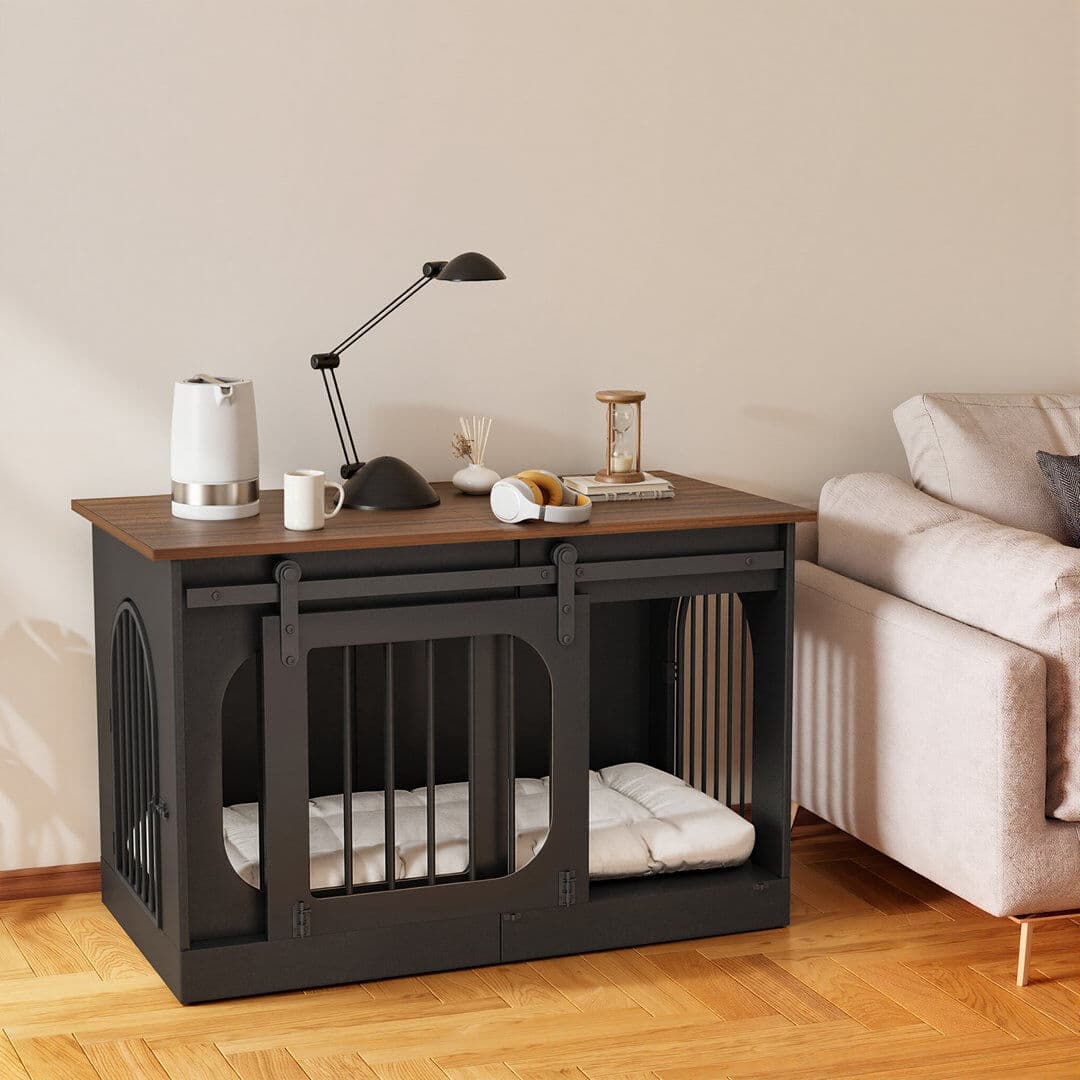 Brambly Cottage XL Dog Crate Furniture - 100cm/120cm Wooden Dog Cage with Removable Cushion, Three-Door Design with Barn Door, Indoor Dog Kennel and End Table for Sma White 69cm H x 100cm W x 60cm D