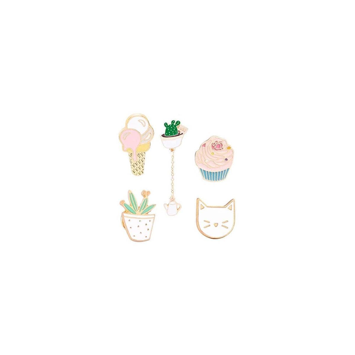 Brosche Anstecknadel Anstecker Pins Metall 5 Stück Set Kaktus Katze Eiscreme Cupcake