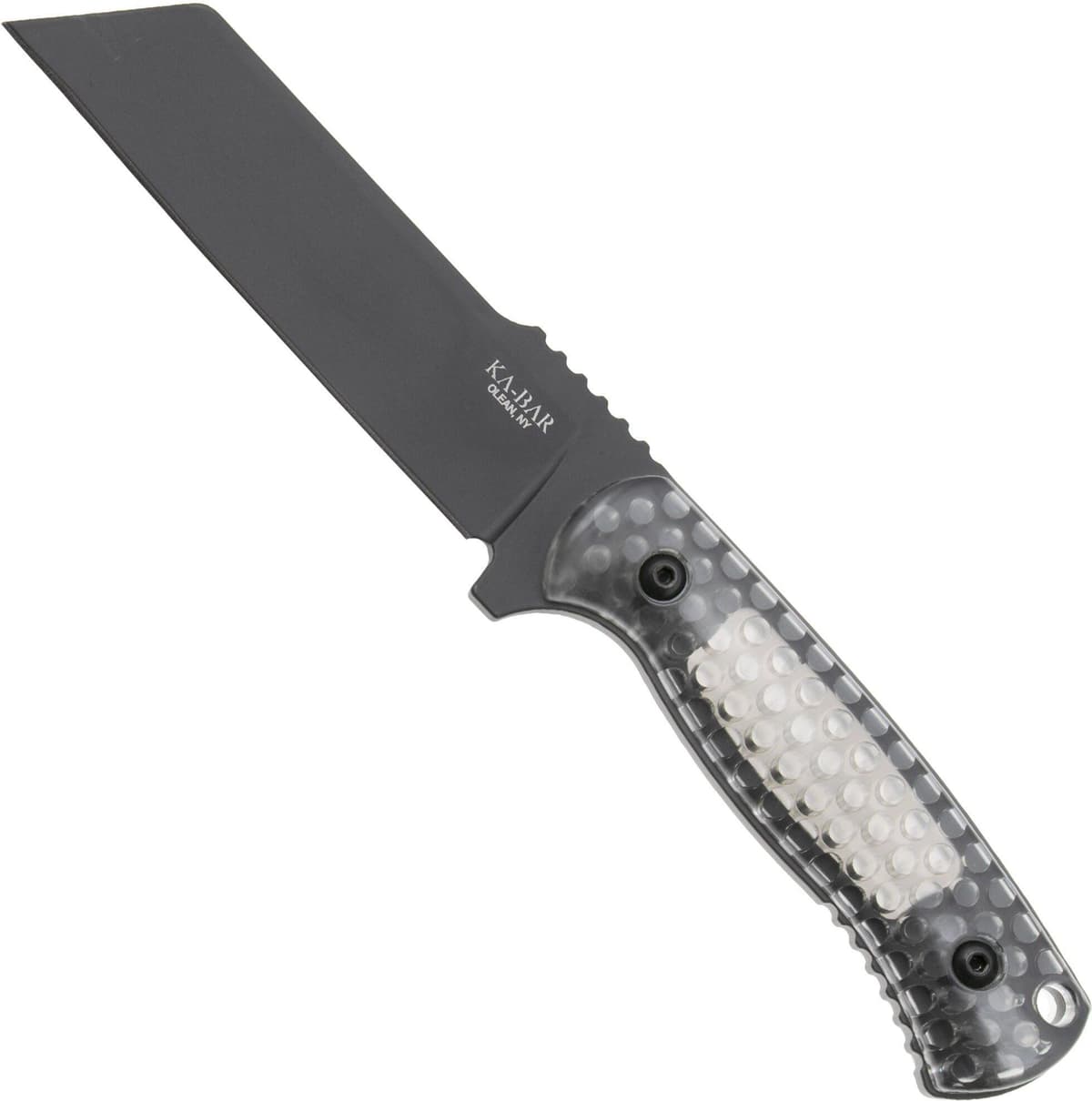 Nóż z głownią stałą KA-BAR Cool Name 7701, Black 1095 Cro-Van Sheepsfoot, Transparent Honeycomb Smoke Polycarbonate, projekt Les George