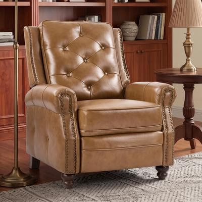 EBELLO Genuine Leather Recliner Chair Tufted Wingback Reclining Armchair with Nailhead Trim Manual Recliner for Living Room Bedroom