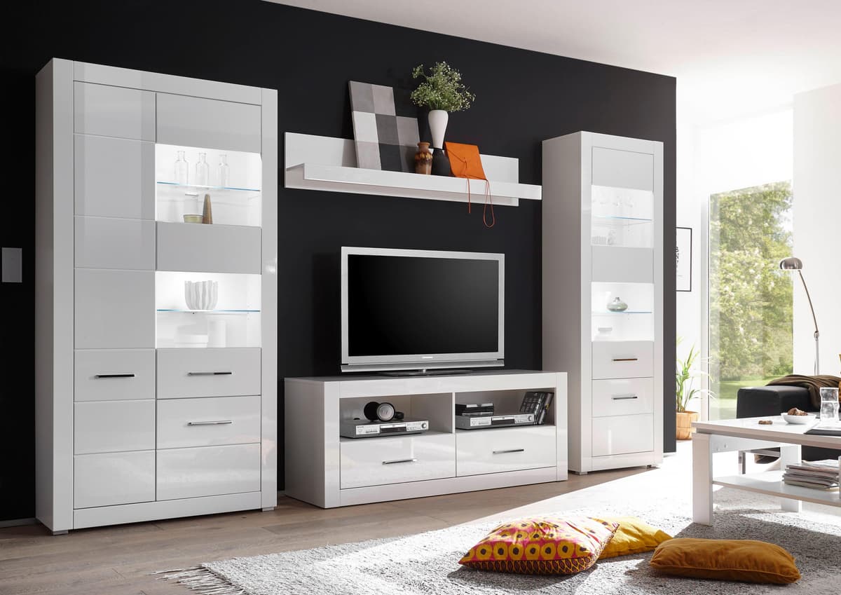 Wohnwand HOME AFFAIRE "Bianco, moderne Anbauwand, Komplettset, Wohnzimmer-Set", weiss (weiß matt, weiß mdf hochglanz), B:335cm, Kastenmöbel-Sets, Wohnwand, enthält zwei Vitrinen, Lowboard und Wandboard, 335 cm breit weiß matt, weiß mdf hochglanz B/H/T: 33