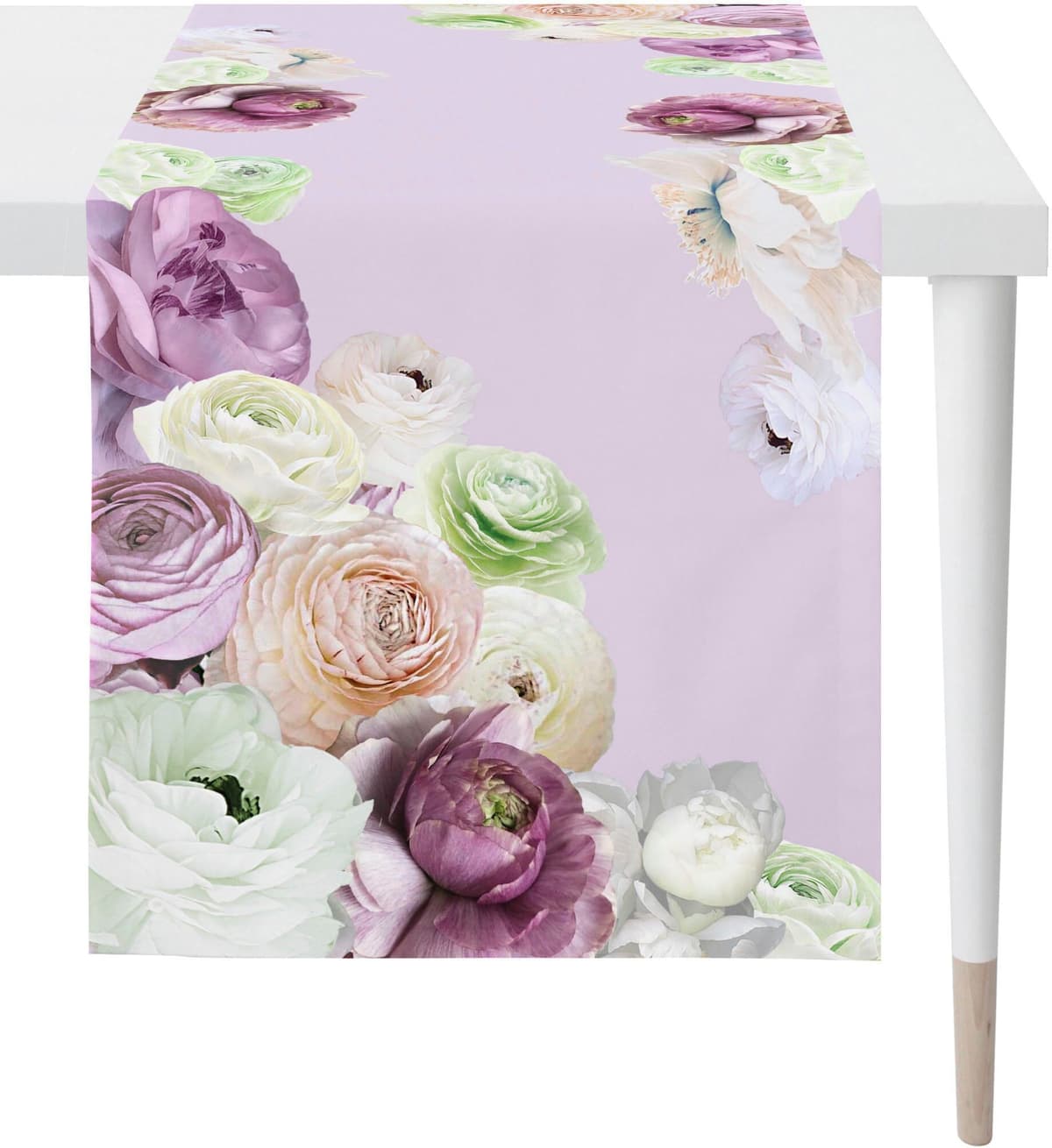 Tischläufer APELT "6802 HAPPY VALENTINE, Valentinstag", bunt (flieder, bunt), B:48cm L:140cm, Baumwolle, Polyester, Tischdecken, Tischläufer, Digitaldruck, mit Frühjahrsblüten Motiv, Sommerdeko flieder, bunt B/L: 48cm x 140cm, 1 Stk., rechteckig