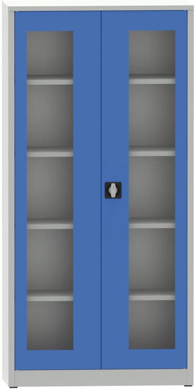 Kovona Zváraná policová skriňa s dverami s plexisklom, 1950 x 950 x 500 mm, sivá/modrá