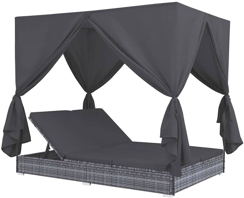 vidaXL Chaise longue d'extérieur avec rideaux Résine tressée Gris