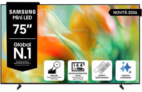Samsung Mini LED AI TV 75'' UE75M80HAUXZT 4K, Processore NQ4 AI Gen2, 4K Upscaling, Color Booster Pro, OTS Lite, Metal Stream Design, Vision AI Smart TV,