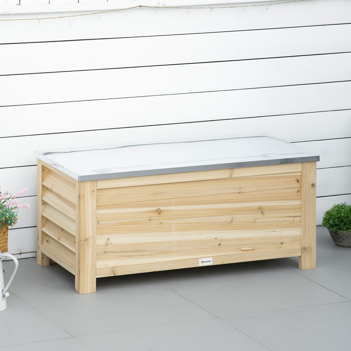 Outsunny Baule da Esterno da 155L in Legno con Coperchio in Metallo e 2 Ammortizzatori, 110x50x50 cm, color Legno   Aosom Italy