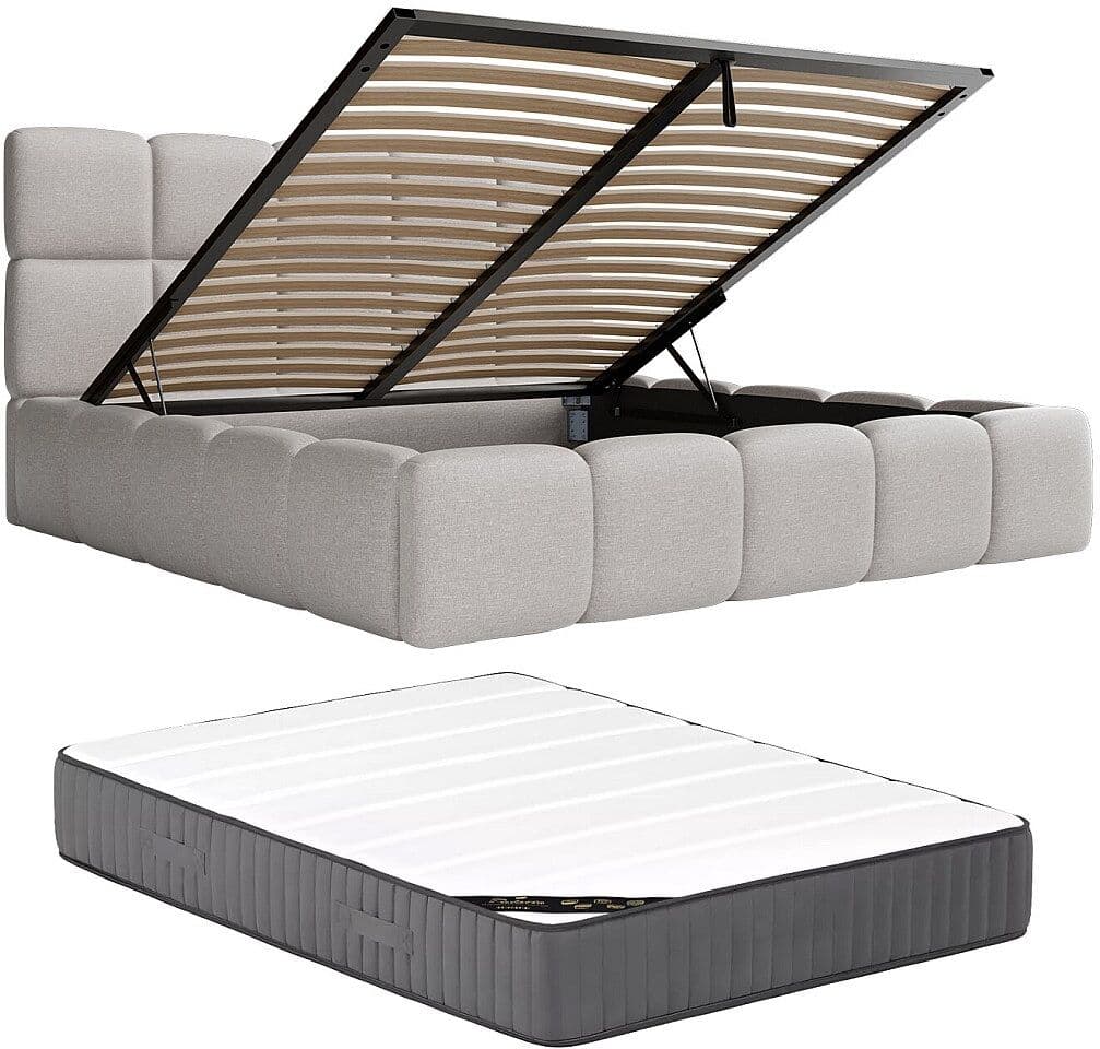 Vente-unique Bett mit Bettkasten + Matratze - 180 x 200 cm - melierter Stoff - Hellgrau - DAMADO
