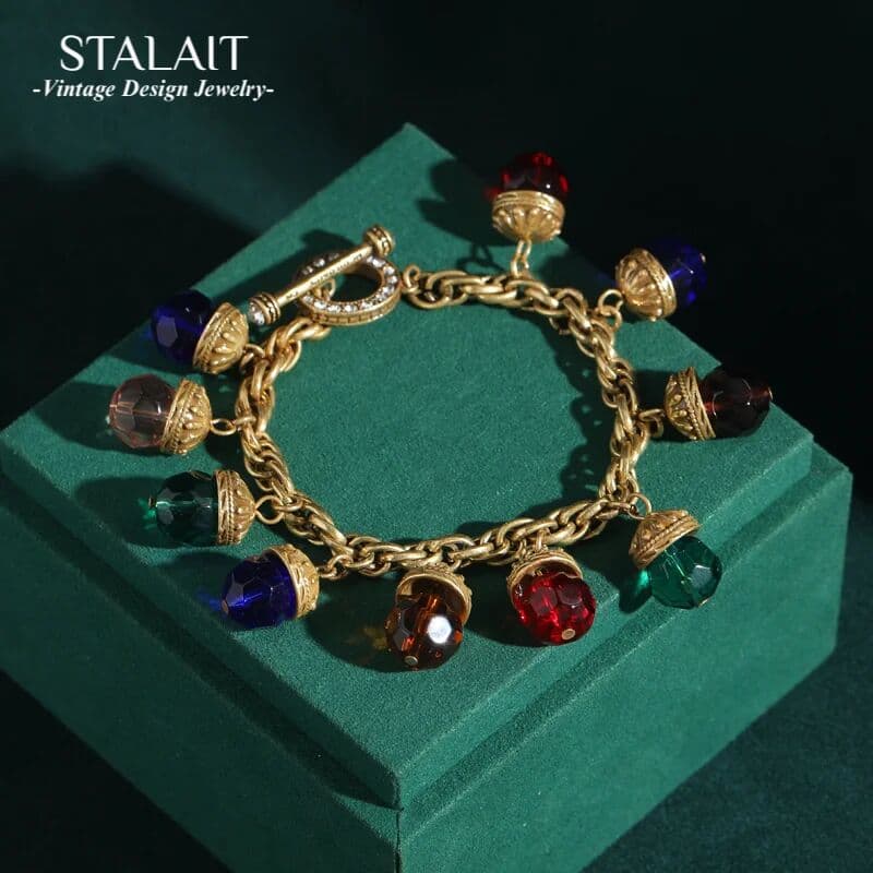 STALAIT Vintage Luxury Multicolor Crystal Chain Bracelet - 18K Gold Plated Adjustable Women's Jewelry Gift